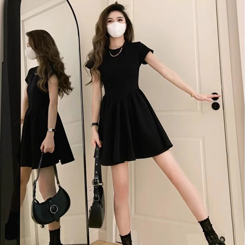 여름 블랙 셔링 캡소매 슬림핏 미니 원피스 블랙- 숏버전 S - 상품 이미지