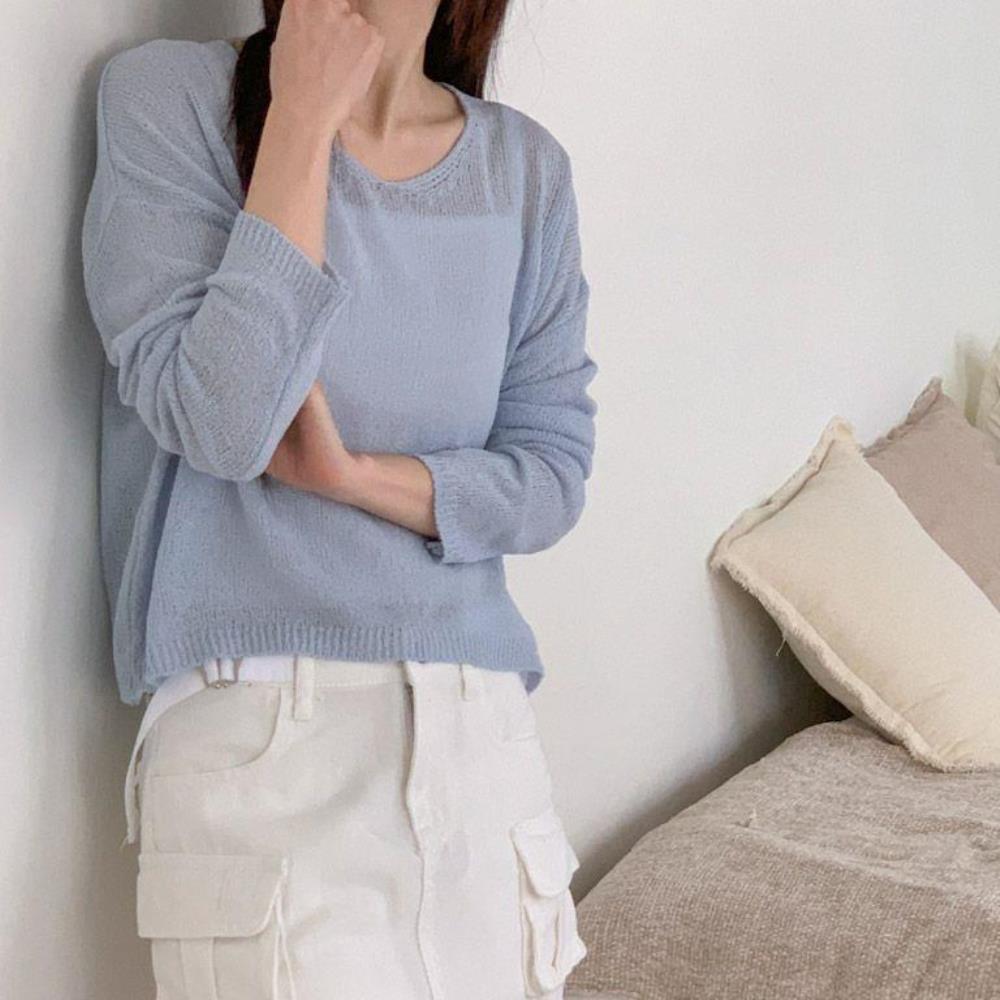 옷자락 여자 시스루 살안타 브이넥 시스루 레이어드티 니트 - 상세 이미지 2