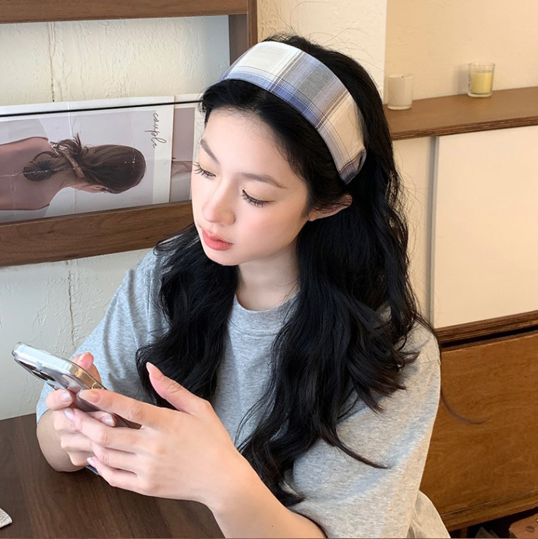 체크 면 와이드 헤어밴드 머리띠 - 상세 이미지 5