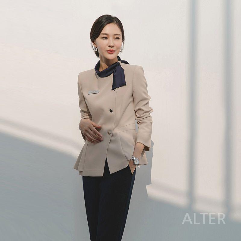 피부샵 유니폼 안내데스크 관리실 사무복 관리사 에스테틱 베이지 긴소매+네이비 스커트 S - 상세 이미지 2