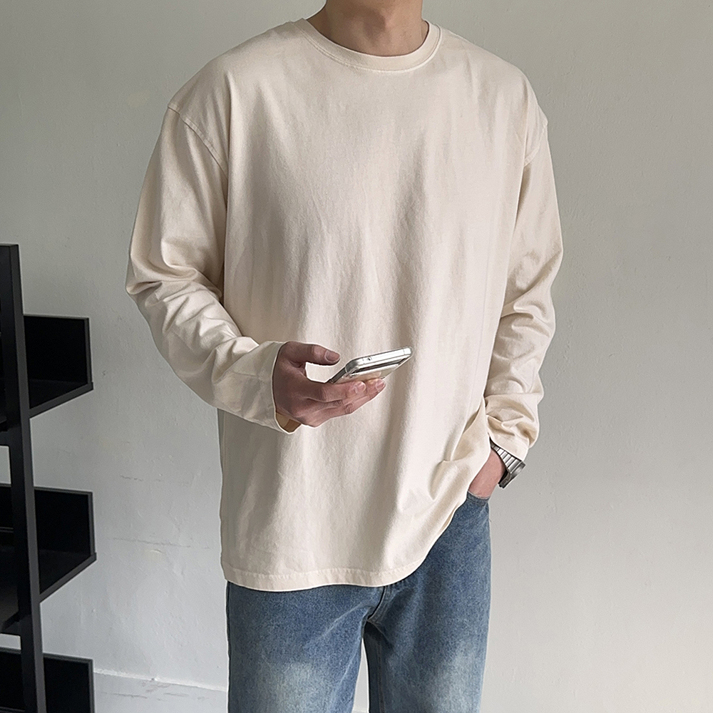 남자 긴팔티 오버핏 무지 피그먼트 이너 레이어드 티셔츠 - 상세 이미지 3