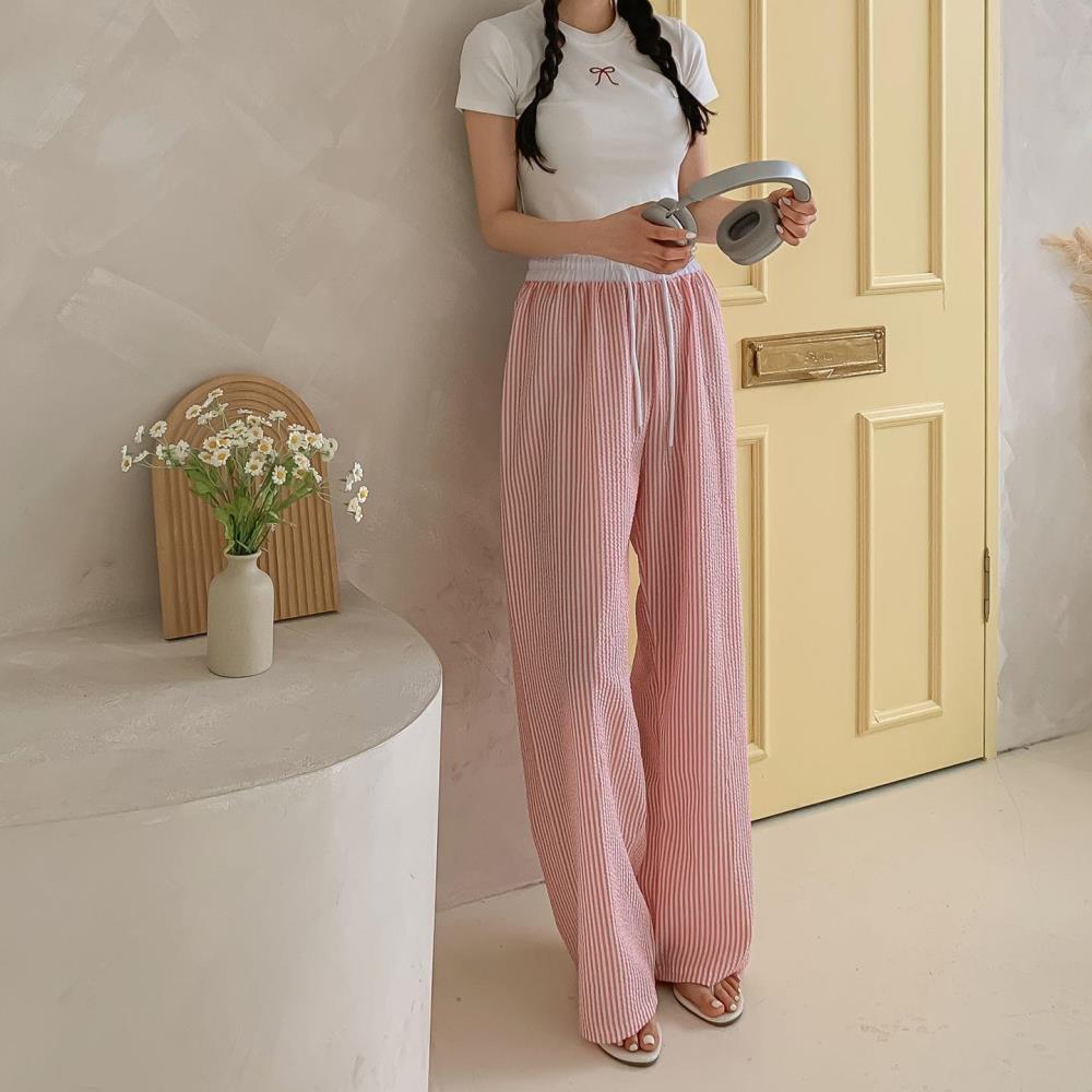 옷자락 여자 지지미팬츠 스트라이프 여름 와이드 밴딩 바지 - 상세 이미지 3