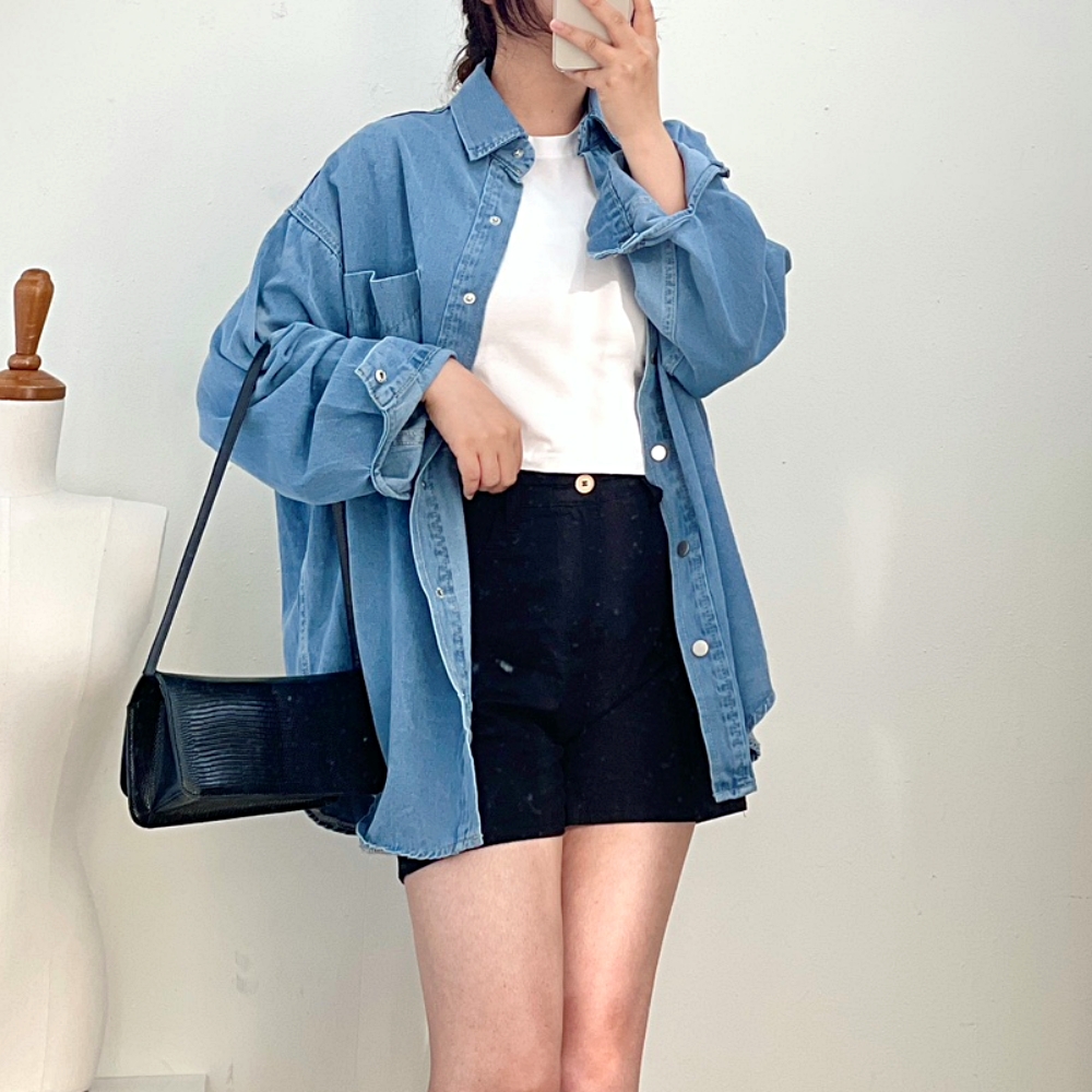 오버핏청자켓 청남방자켓 셔츠 롱 루즈핏 봄 가을 중청 흑청 - 상세 이미지 3