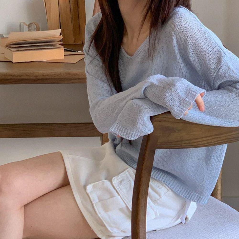 옷자락 여자 시스루 살안타 브이넥 시스루 레이어드티 니트 - 상세 이미지 3