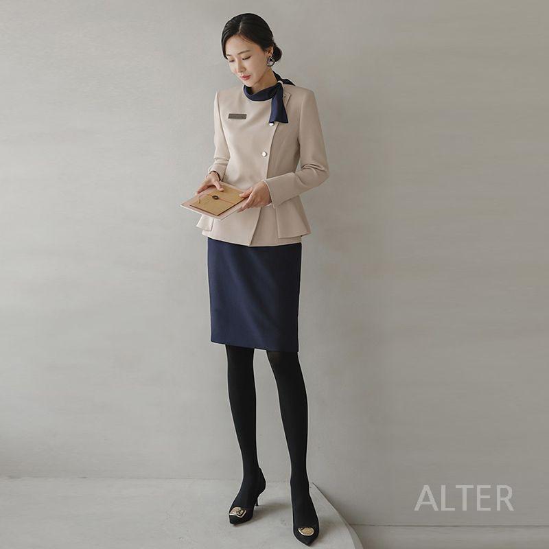 피부샵 유니폼 안내데스크 관리실 사무복 관리사 에스테틱 베이지 긴소매+네이비 스커트 S - 상세 이미지 5