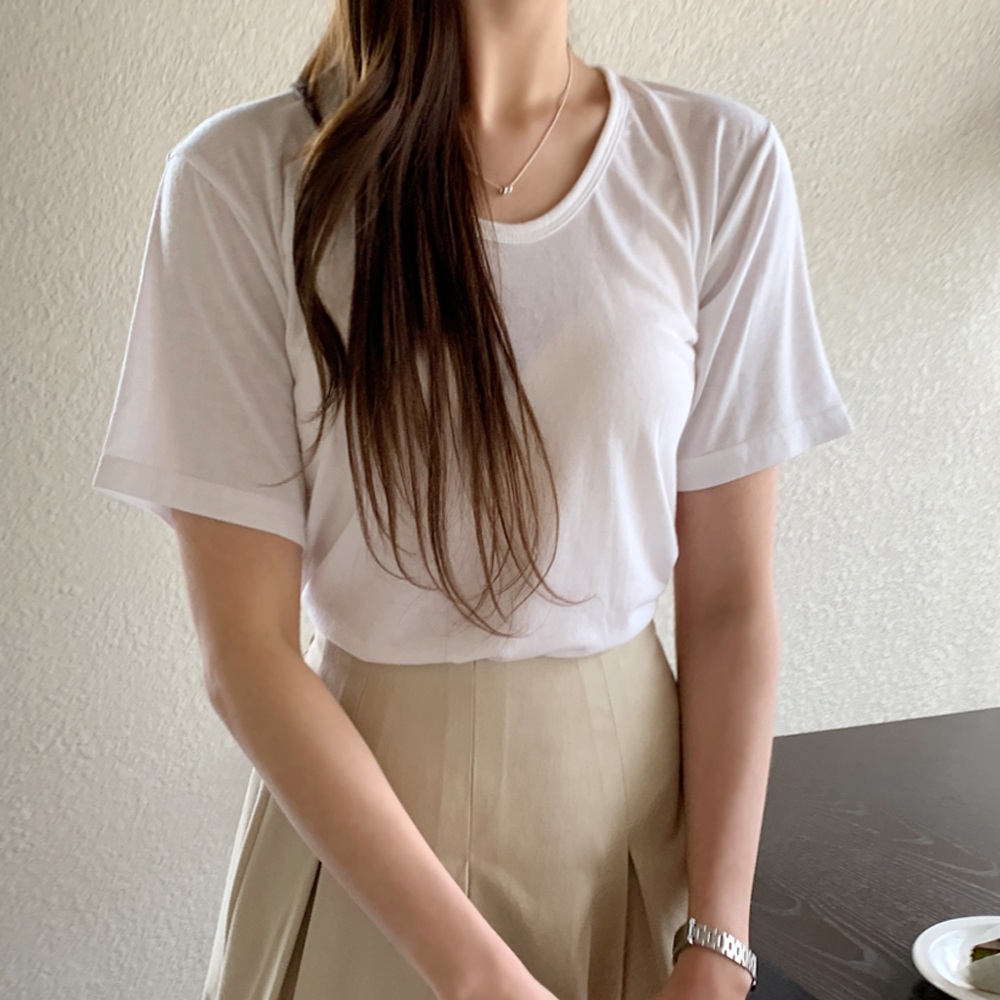 1+1(미유라벨)고데치 찰랑 U넥 반팔 스판 티셔츠 - 상세 이미지 4