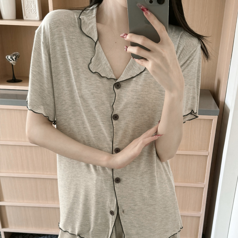 내츄럴 카라 노브라 캡내장 여름 여성 잠옷 실내복 홈웨어 파자마 반팔 반바지 상하의 세트 이미지 7