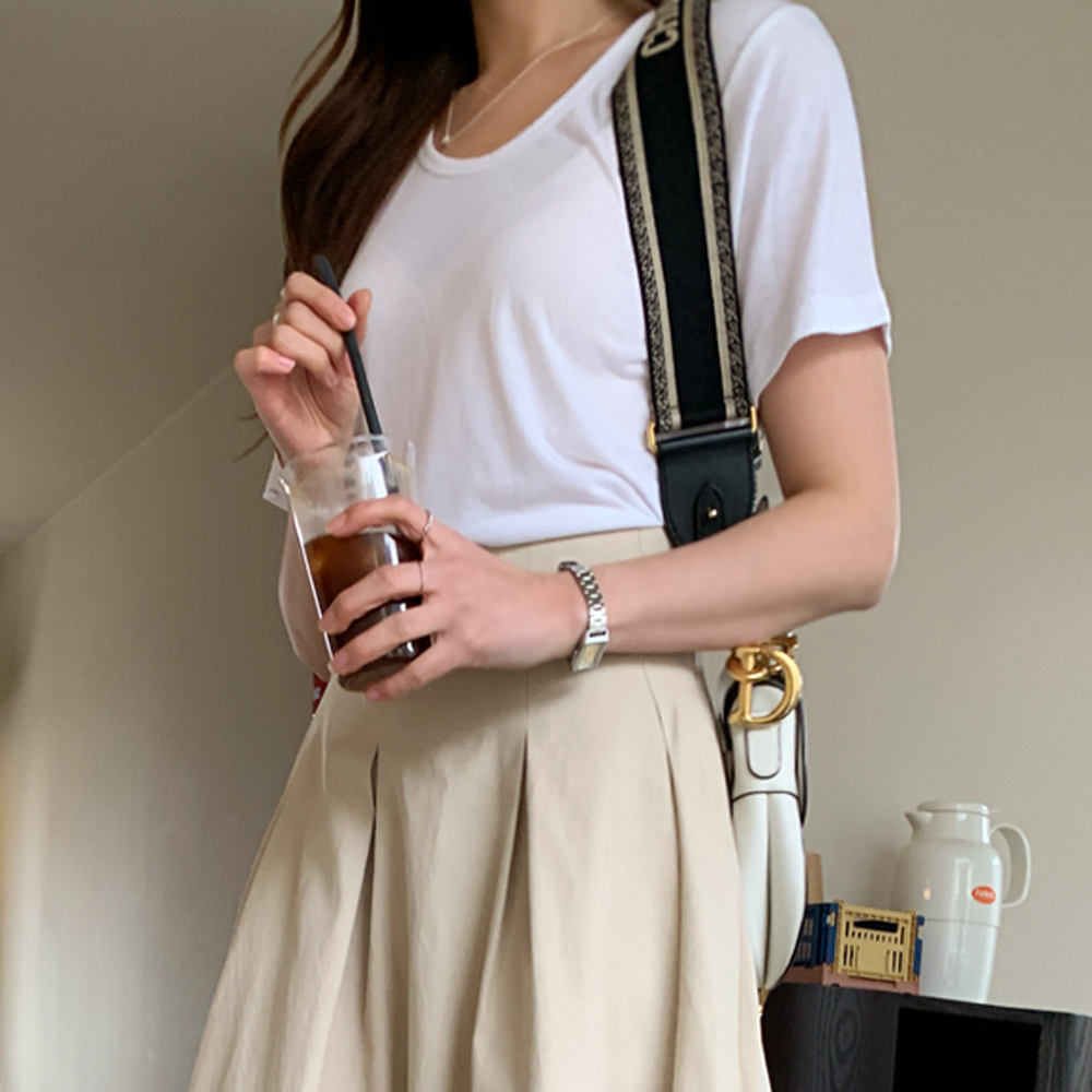 1+1(미유라벨)고데치 찰랑 U넥 반팔 스판 티셔츠 - 상세 이미지 2