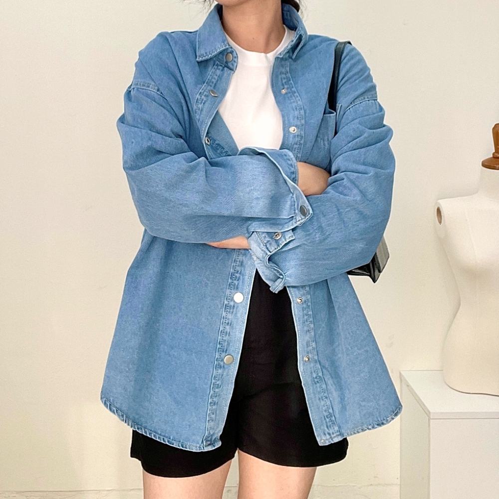 오버핏청자켓 청남방자켓 셔츠 롱 루즈핏 봄 가을 중청 흑청 - 상품 이미지