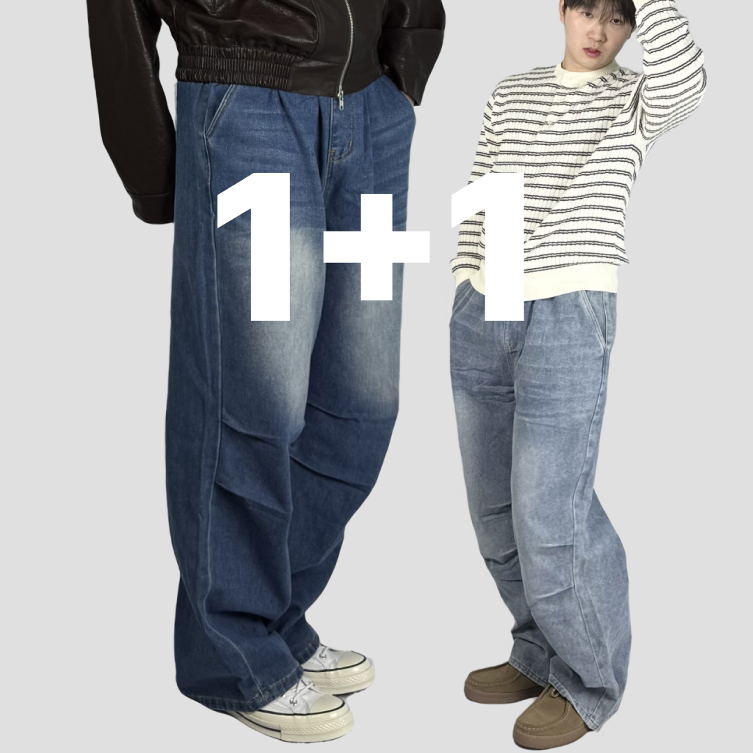 1+1 남자와이드청바지 통청바지 흑청바지 샌드워싱 - 상품 이미지