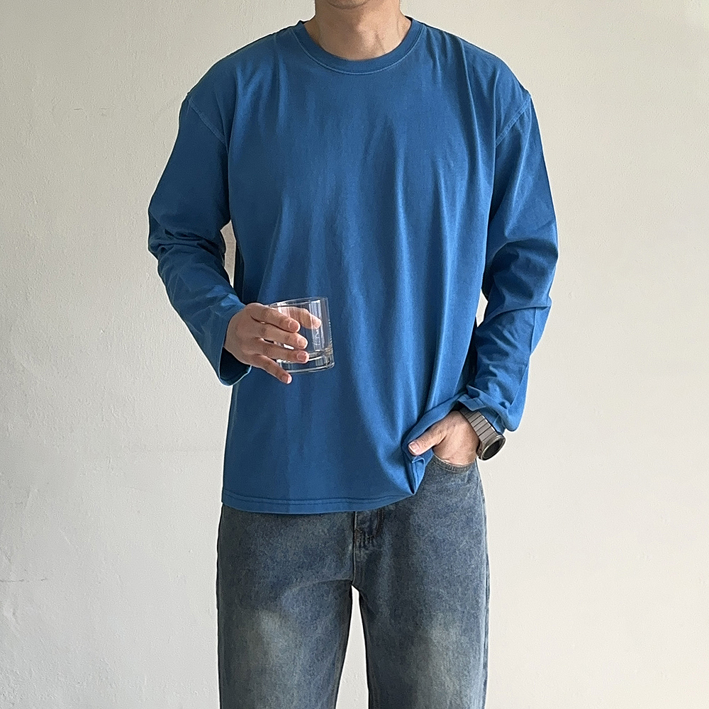 남자 긴팔티 오버핏 무지 피그먼트 이너 레이어드 티셔츠 - 상세 이미지 4