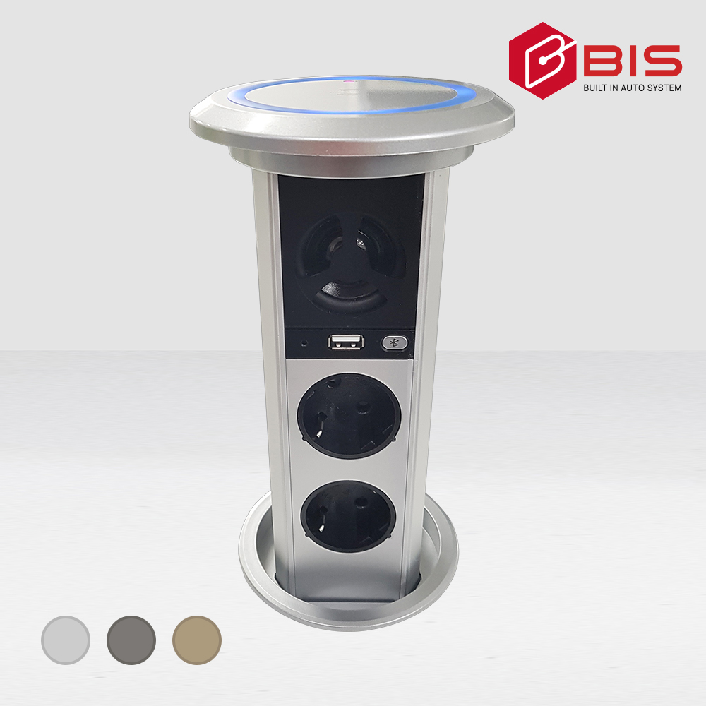 BIS 전동 팝업 인출식 2구 콘센트 블루투스 무선충전 빌트인 사무실 책상 BIP-100WBT - 메인 이미지