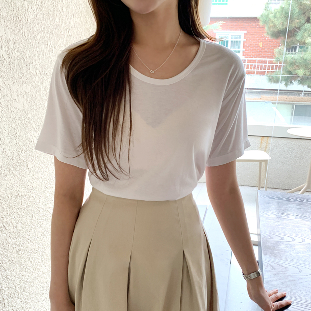 1+1(미유라벨)고데치 찰랑 U넥 반팔 스판 티셔츠 - 상품 이미지