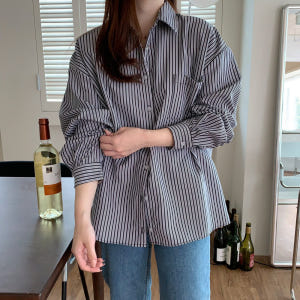오버핏 스트라이프 셔츠 여성 셔츠 블라우스 퍼프 소매 긴팔 여자 남방 링... 착용 후기 | 사이즈/핏 총정리 - 상품 이미지 1