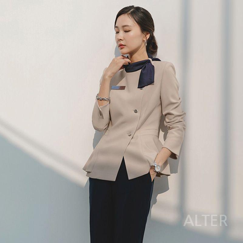 피부샵 유니폼 안내데스크 관리실 사무복 관리사 에스테틱 베이지 긴소매+네이비 스커트 S - 상세 이미지 3