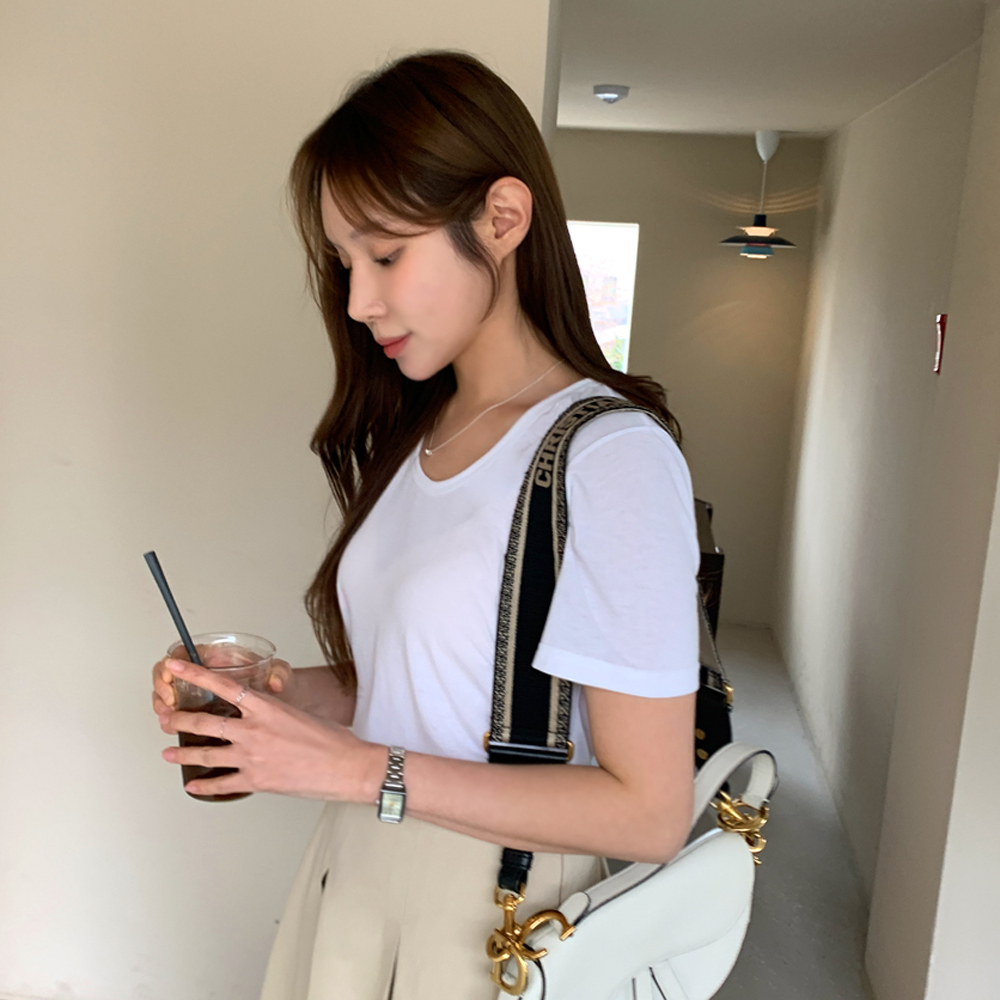 1+1(미유라벨)고데치 찰랑 U넥 반팔 스판 티셔츠 - 상세 이미지 3