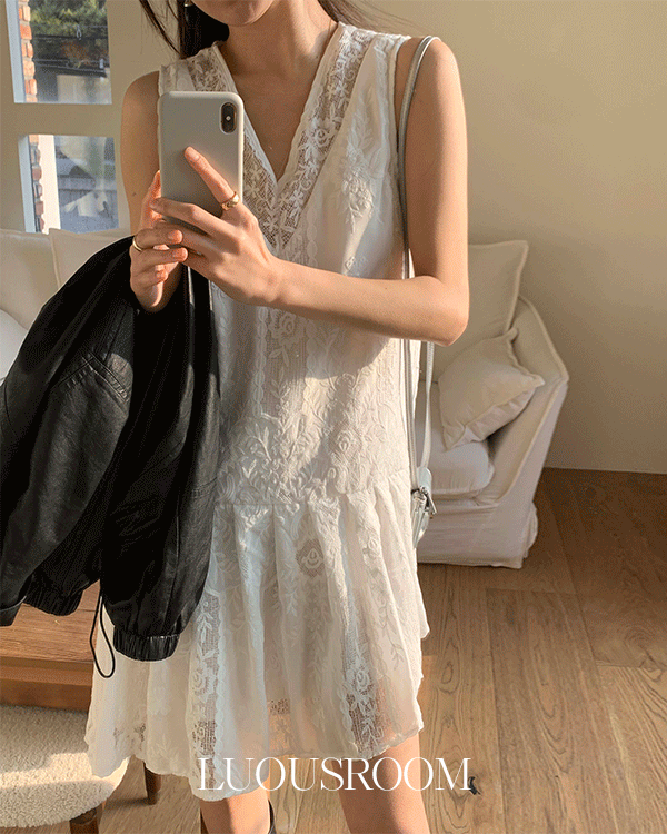 모린 언발란스 레이스 나시 브이넥 하객룩 레이어드 언발 미니원피스(화이트) 레이어드룩/직잭팟/레이스원피스