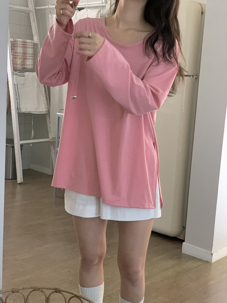 루즈핏 옆트임 박스티 여성 티셔츠 유넥 여자 긴팔티 롱티 핑크 그레이 - 상세 이미지 3
