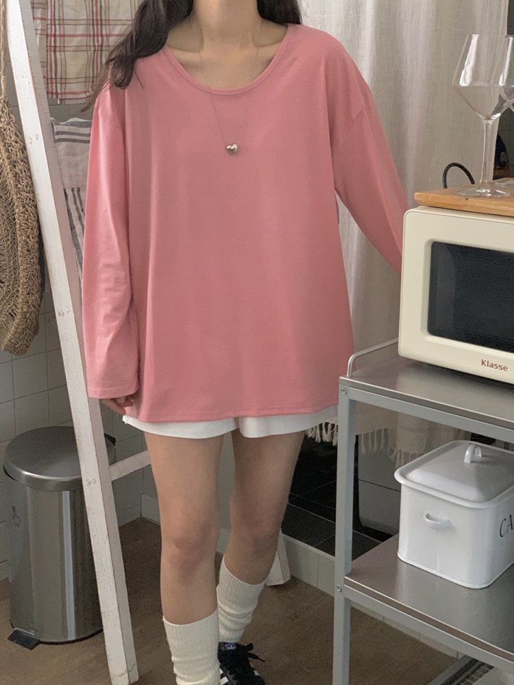 루즈핏 옆트임 박스티 여성 티셔츠 유넥 여자 긴팔티 롱티 핑크 그레이 - 상세 이미지 2