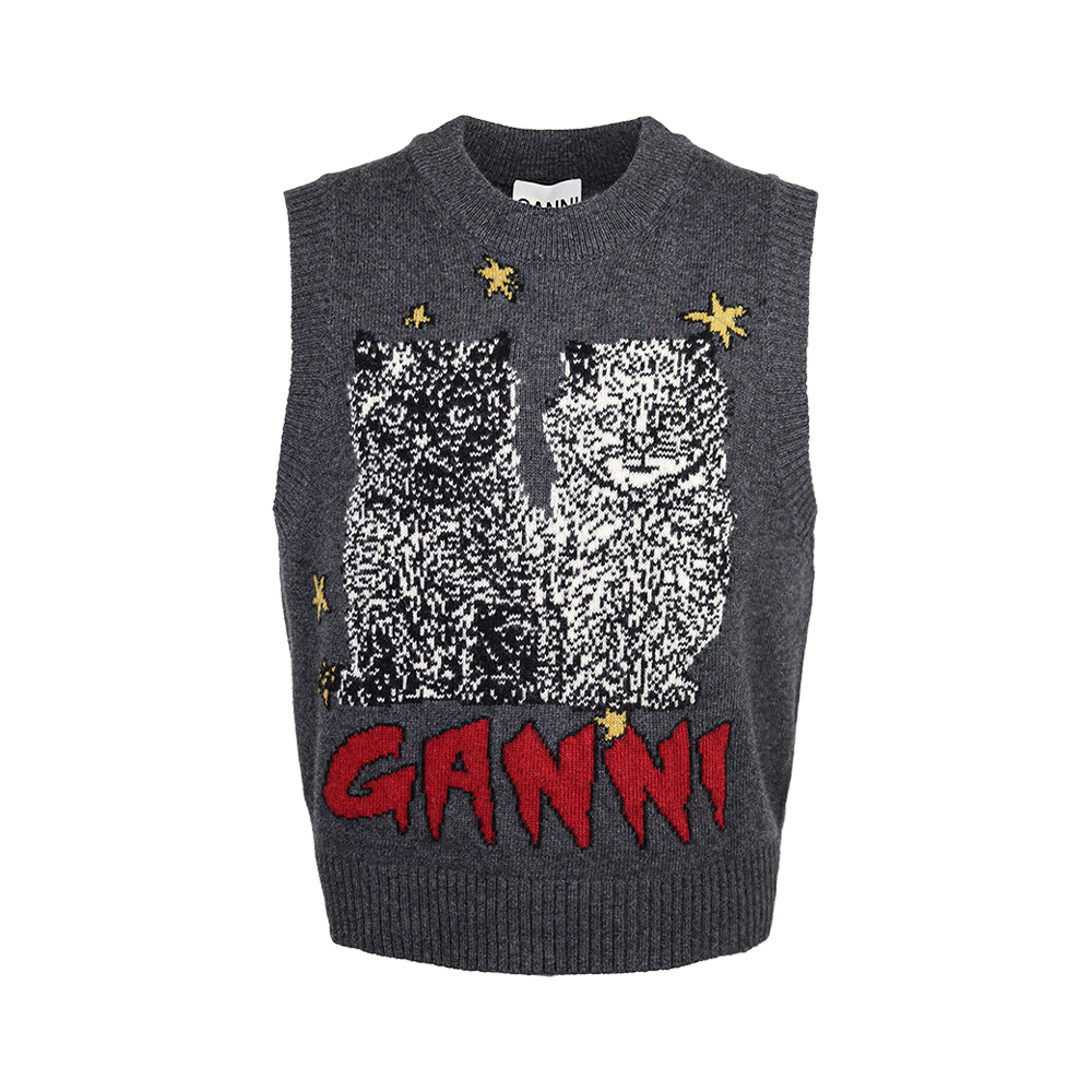 가니 여성 캣츠 그래픽 울 니트 베스트 K2375 084