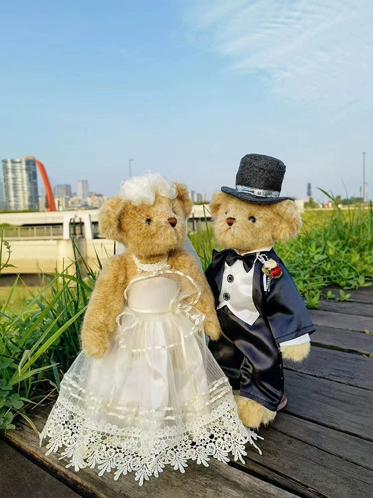 커플 웨딩 곰인형 웨딩곰 인형 미니어처 기념일 신혼부부 소품 간편 포장 거치대 포함 남성용 안경 - 상세 이미지 3