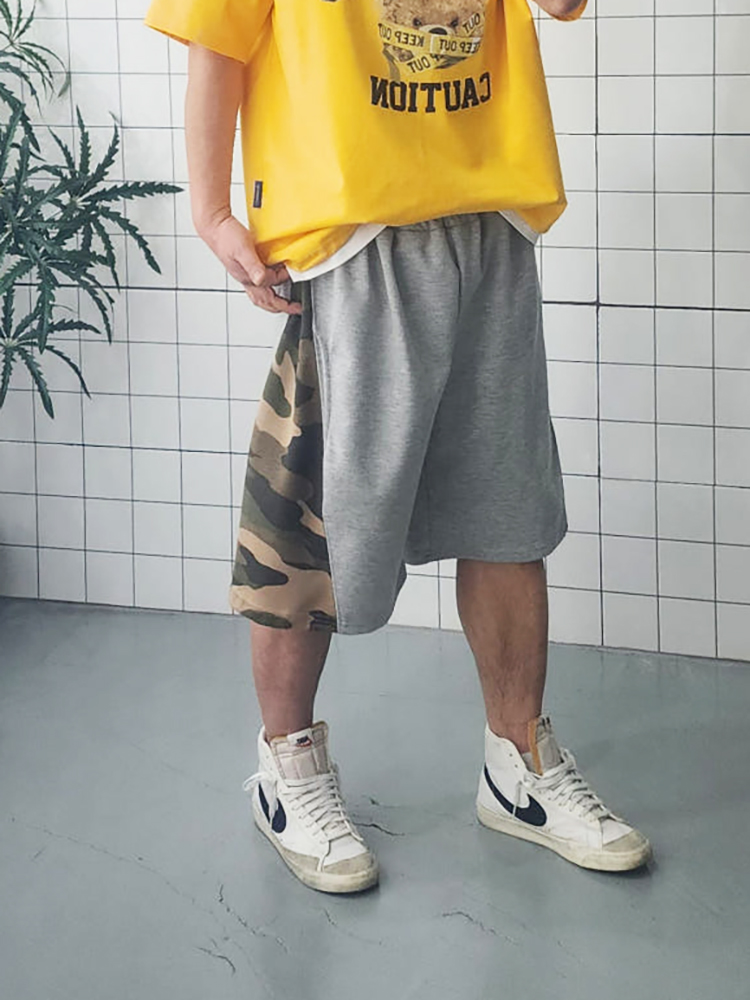 이중지 카모 배색 남자 여자 와이드 반바지 - 상품 이미지