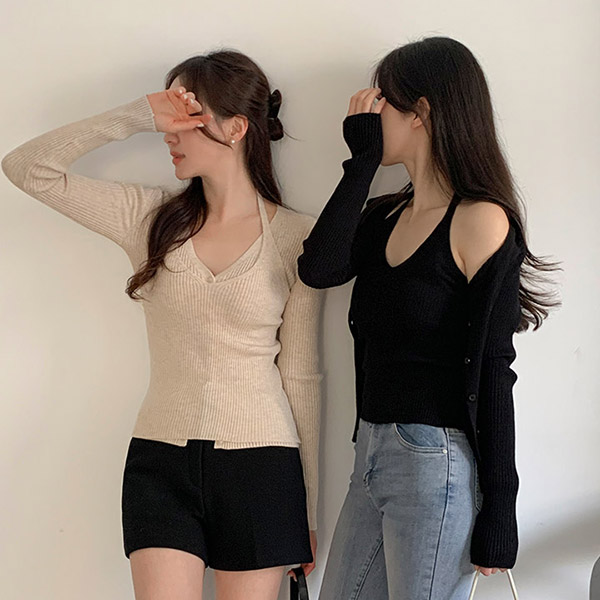 오드리 골지 홀터넥 나시 가디건 세트 st2799 - 상품 이미지