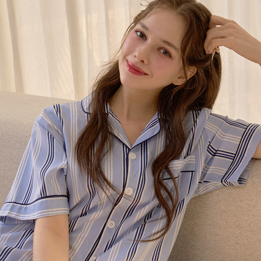 도씨 실크핏 베이 반팔 파자마 세트 커플잠옷 여름 홈웨어 - 상세 이미지 2