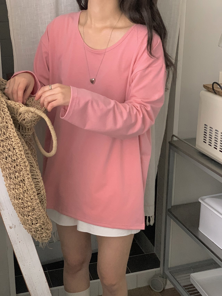 루즈핏 옆트임 박스티 여성 티셔츠 유넥 여자 긴팔티 롱티 핑크 그레이 - 상품 이미지
