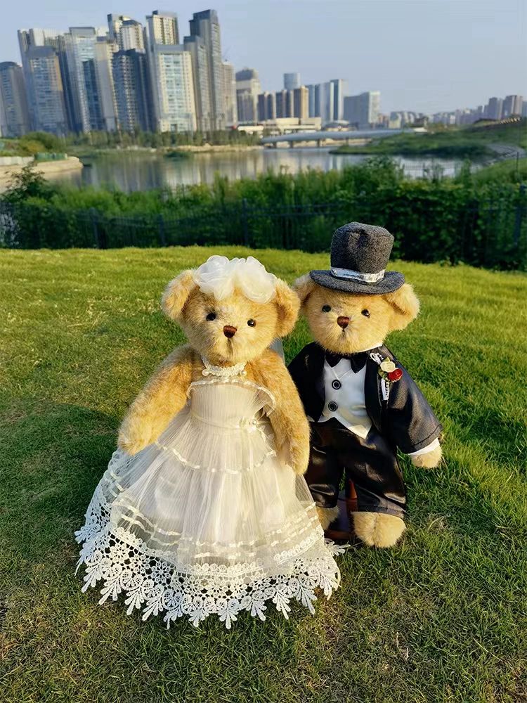 커플 웨딩 곰인형 웨딩곰 인형 미니어처 기념일 신혼부부 소품 간편 포장 거치대 포함 남성용 안경 - 상세 이미지 2