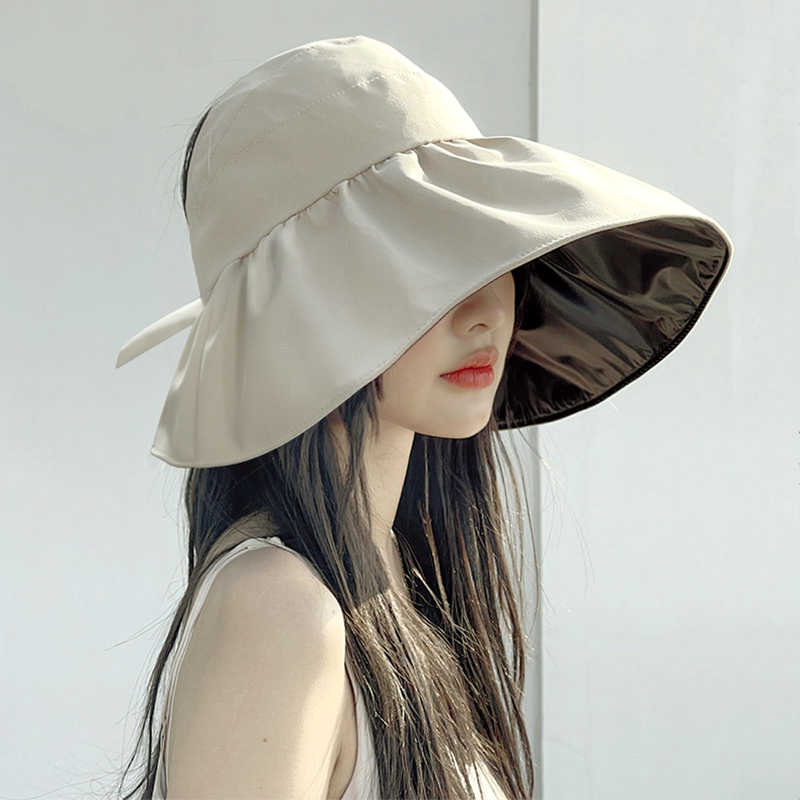 여름 여성 바캉스 자외선 차단 햇빛 가리개 챙넓은 모자 심플 리본 돌돌이 썬캡 - 상세 이미지 2