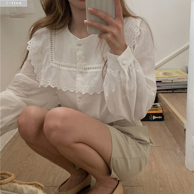 커티 세일러 자수 코튼 라운드 퍼프 블라우스 2col 봄 가을 루즈핏 벌룬 제이플로우 - 상세 이미지 4