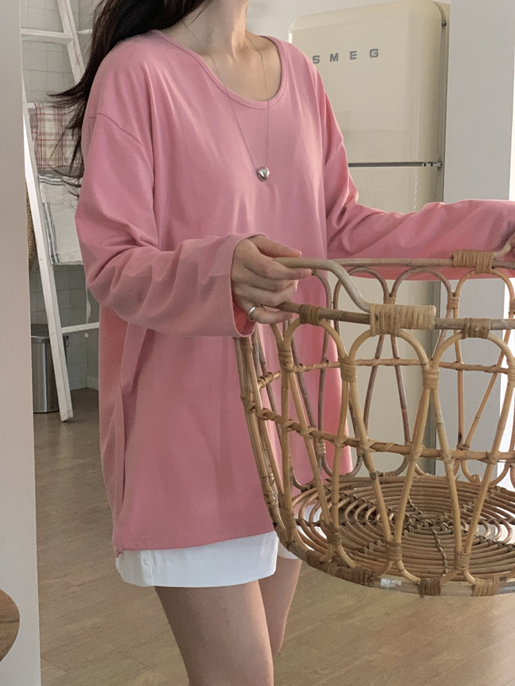 루즈핏 옆트임 박스티 여성 티셔츠 유넥 여자 긴팔티 롱티 핑크 그레이 - 상세 이미지 4