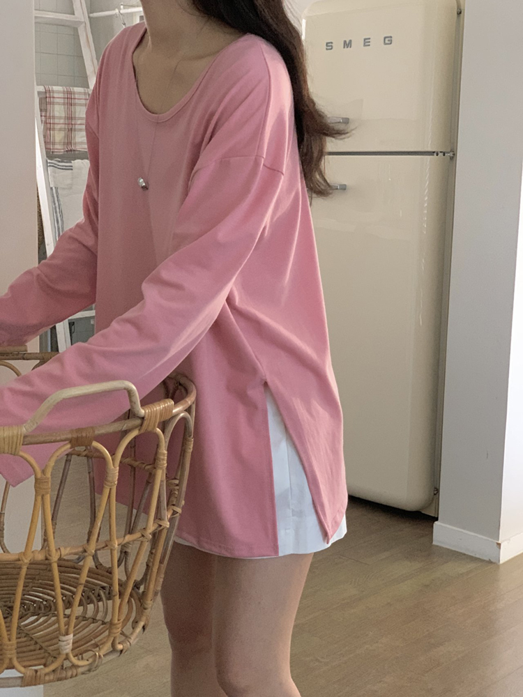 루즈핏 옆트임 박스티 여성 티셔츠 유넥 여자 긴팔티 롱티 핑크 그레이 - 상세 이미지 5