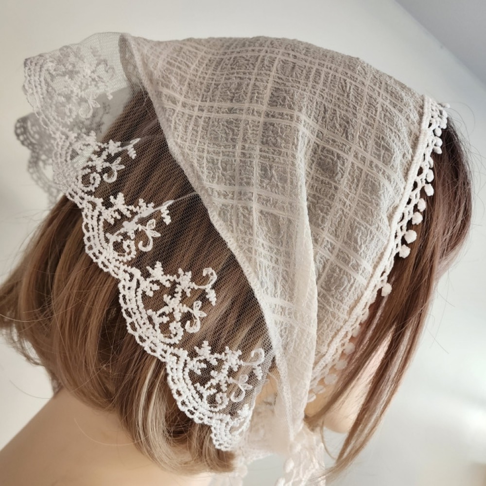 자수 꽃 레이스 헤어 두건 스카프 레이어드 시스루 넥스카프 헤어커치프 - 메인 이미지