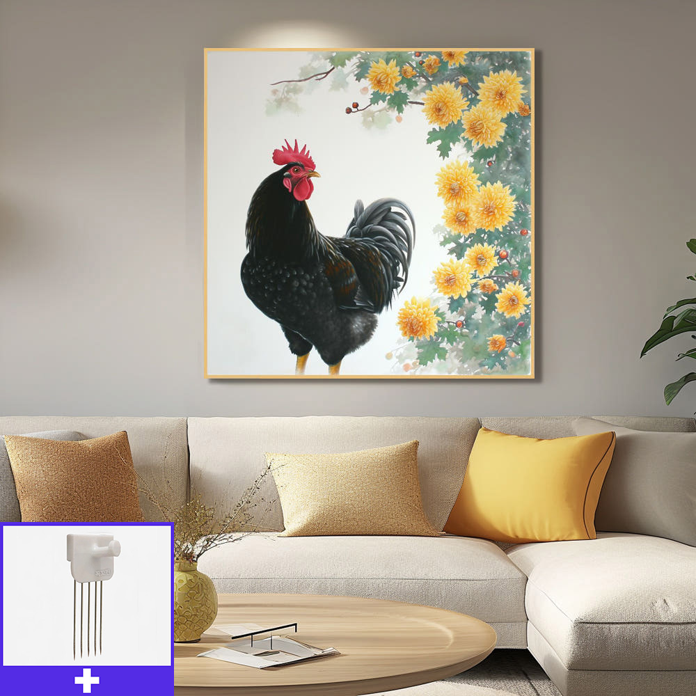 닭과국화 80x80cm 무광골드 알루미늄액자 닭그림 - 메인 이미지