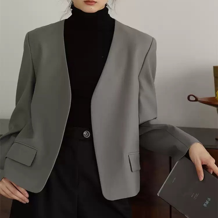 브이넥 칼라리스 자켓 심플 무드 올드머니룩 봄 가을 고급 캐주얼정장 오피스룩 그레이 - 상품 이미지