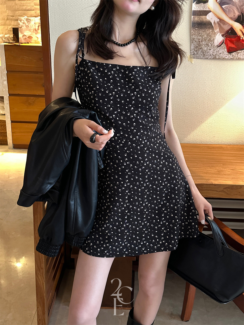 페탈 미니 뷔스티에 원피스 (1color) 나시 휴양지 패턴 플라워 키작녀 끈 리본 바캉스 - 상세 이미지 3