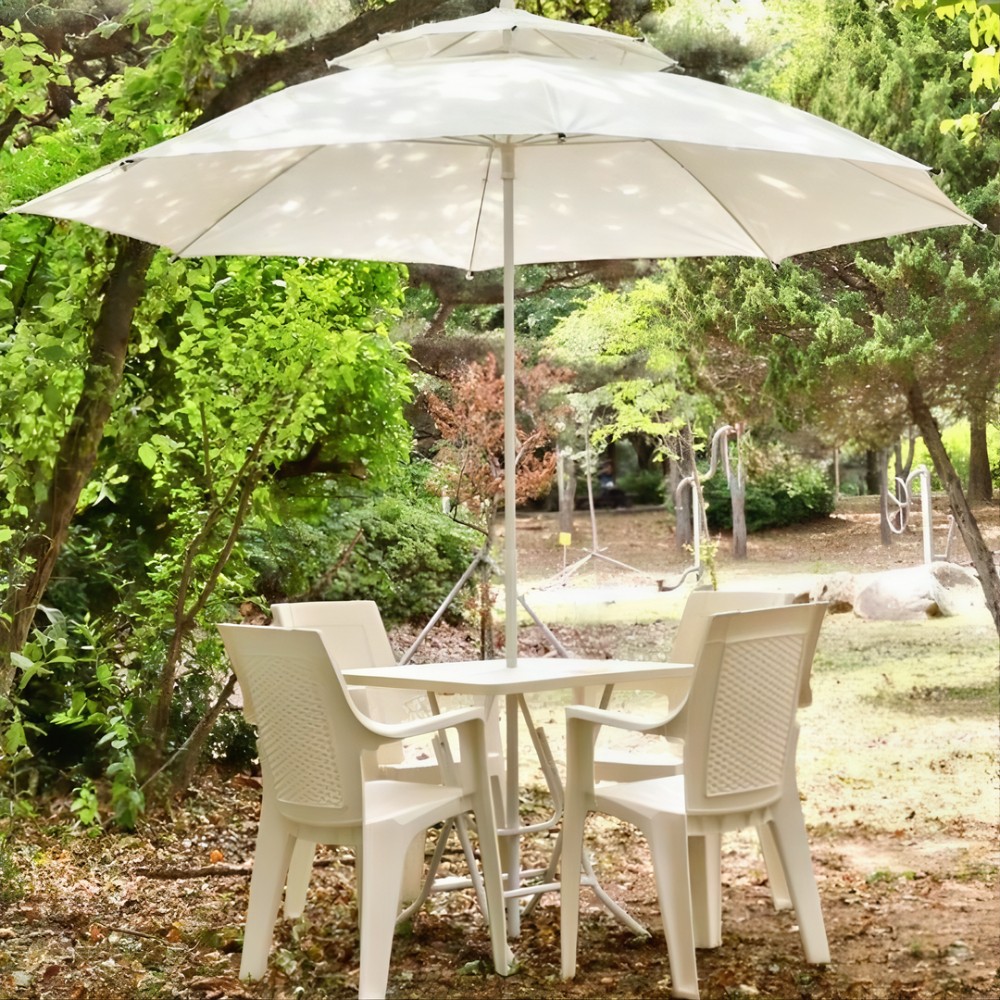 4인용 정사각 야외 테이블 의자 파라솔(아이보리) 세트 접이식 플라스틱