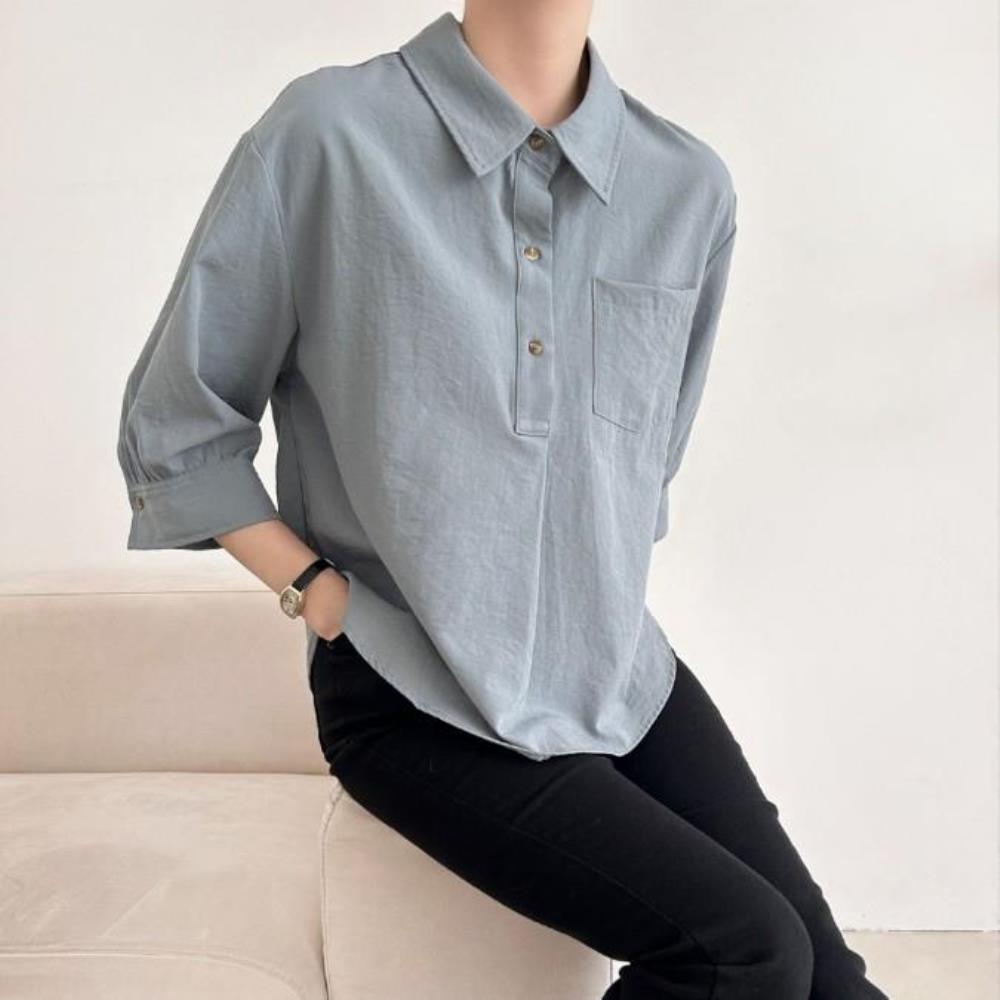 옷자락 여성 면 레이온 원포켓 7부소매 카라넥 셔츠 남방 - 상세 이미지 3
