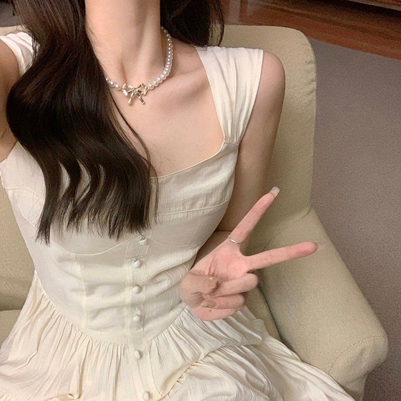 로맨틱 데이트룩 스퀘어넥 플리츠 캉캉 허리 슬림 A라인 여자 원피스 - 상세 이미지 5
