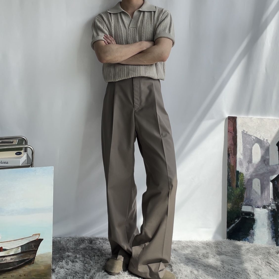 구김없는 투턱 세미와이드 슬랙스 와이드팬츠 - 상품 이미지