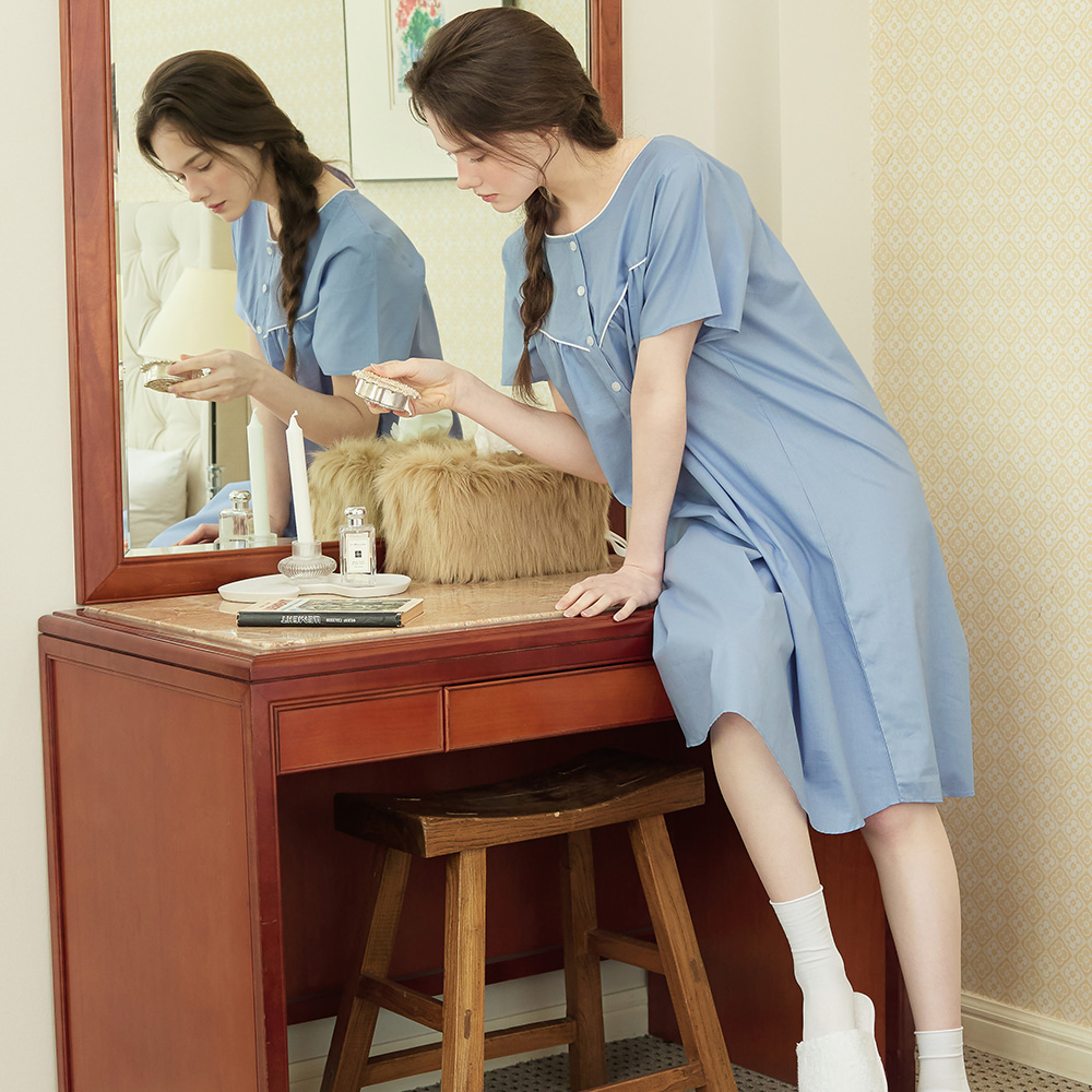 클래식블루 순면 여성 반팔 빅사이즈 원피스 잠옷 이미지 7