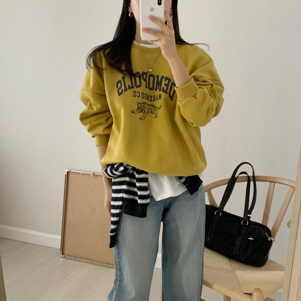 오버핏 DEMOPOLIS 프린팅 레터링 티셔츠 여자 맨투맨 박스티 여성 가을 티셔츠 코튼 - 상세 이미지 4
