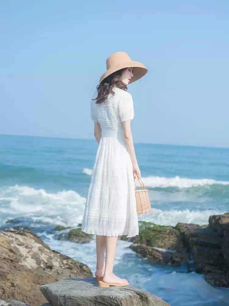 반팔 브이넥 롱원피스 청순 허리슬림핏 프렌치 스타일 디자인 휴양지 여행 여름 화이트 - 상세 이미지 4