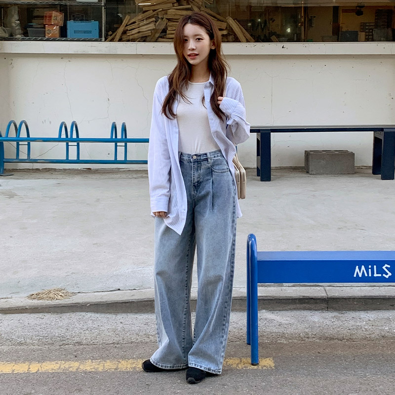 (하체커버) 미켈 원핀턱 하이웨스트 워싱 데님 와이드 팬츠 ps5056 - 상세 이미지 2
