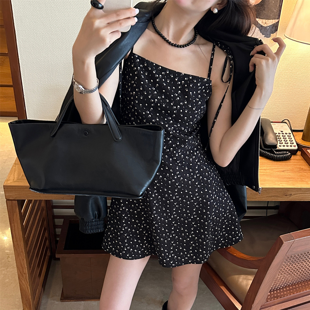 페탈 미니 뷔스티에 원피스 (1color) 나시 휴양지 패턴 플라워 키작녀 끈 리본 바캉스 - 상품 이미지