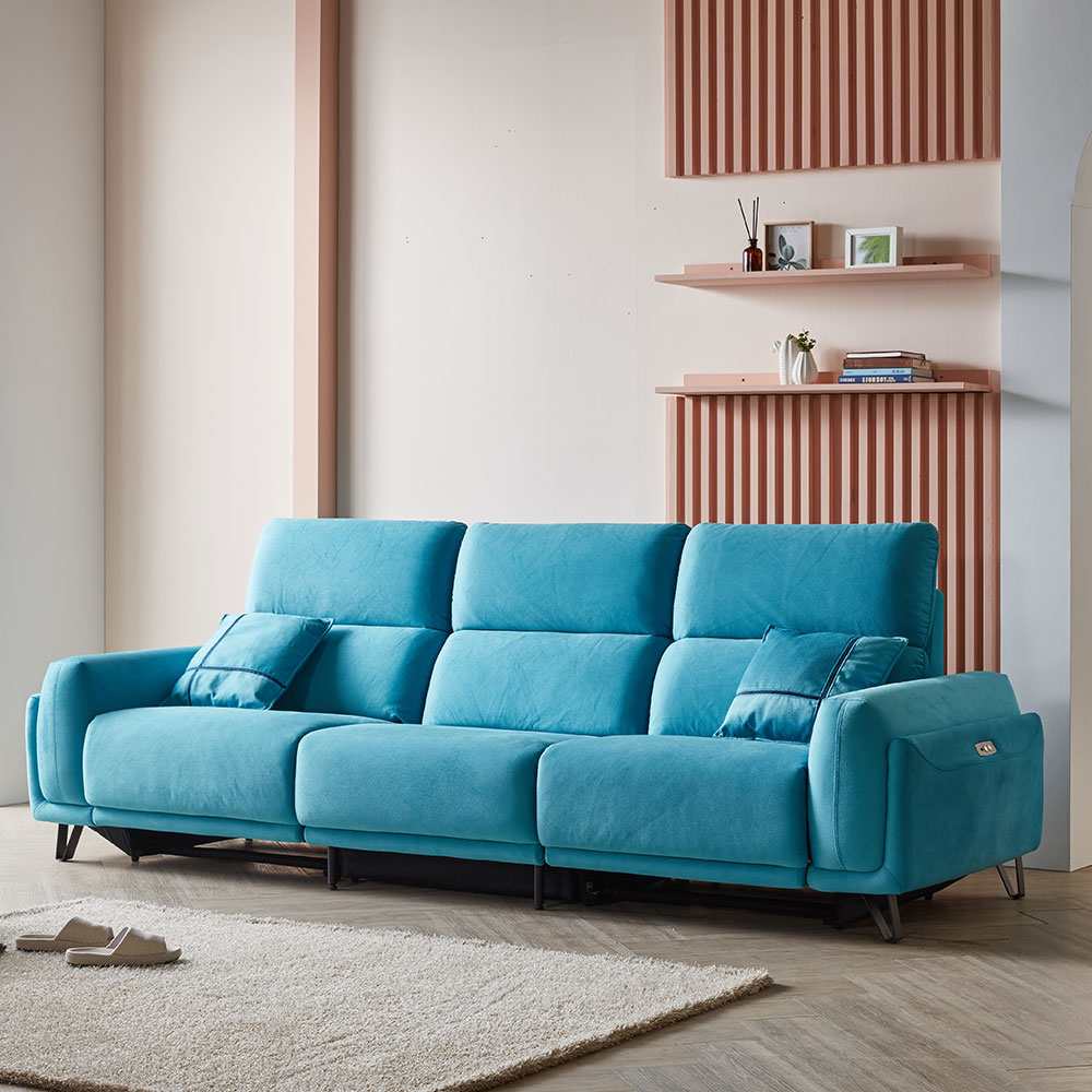 스코나 라모일 솔라 패브릭 제로월 리클라이너 소파 스툴미포함, 스카이블루, 4인용