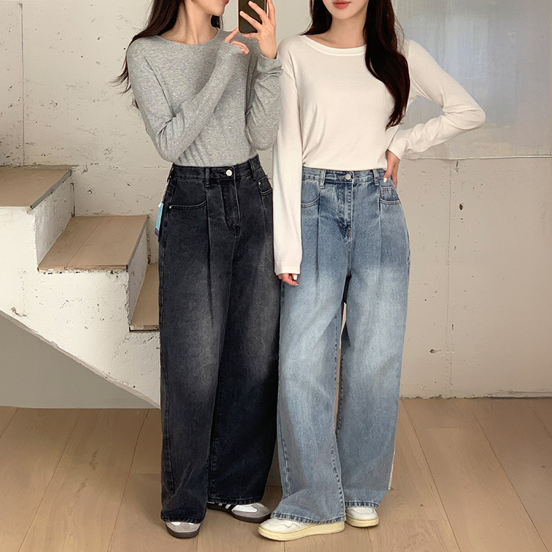 (하체커버) 미켈 원핀턱 하이웨스트 워싱 데님 와이드 팬츠 ps5056 - 상세 이미지 4