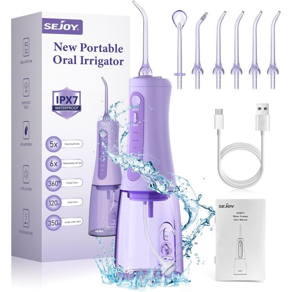 Sejoy 무선 구강 Irrigator, 테스트 우승자 2024, 5가지 패션 및 8가지 노즐, 휴대용 350ml 전기 가정용 여행용 치과 교정기, IPX7 방수... 